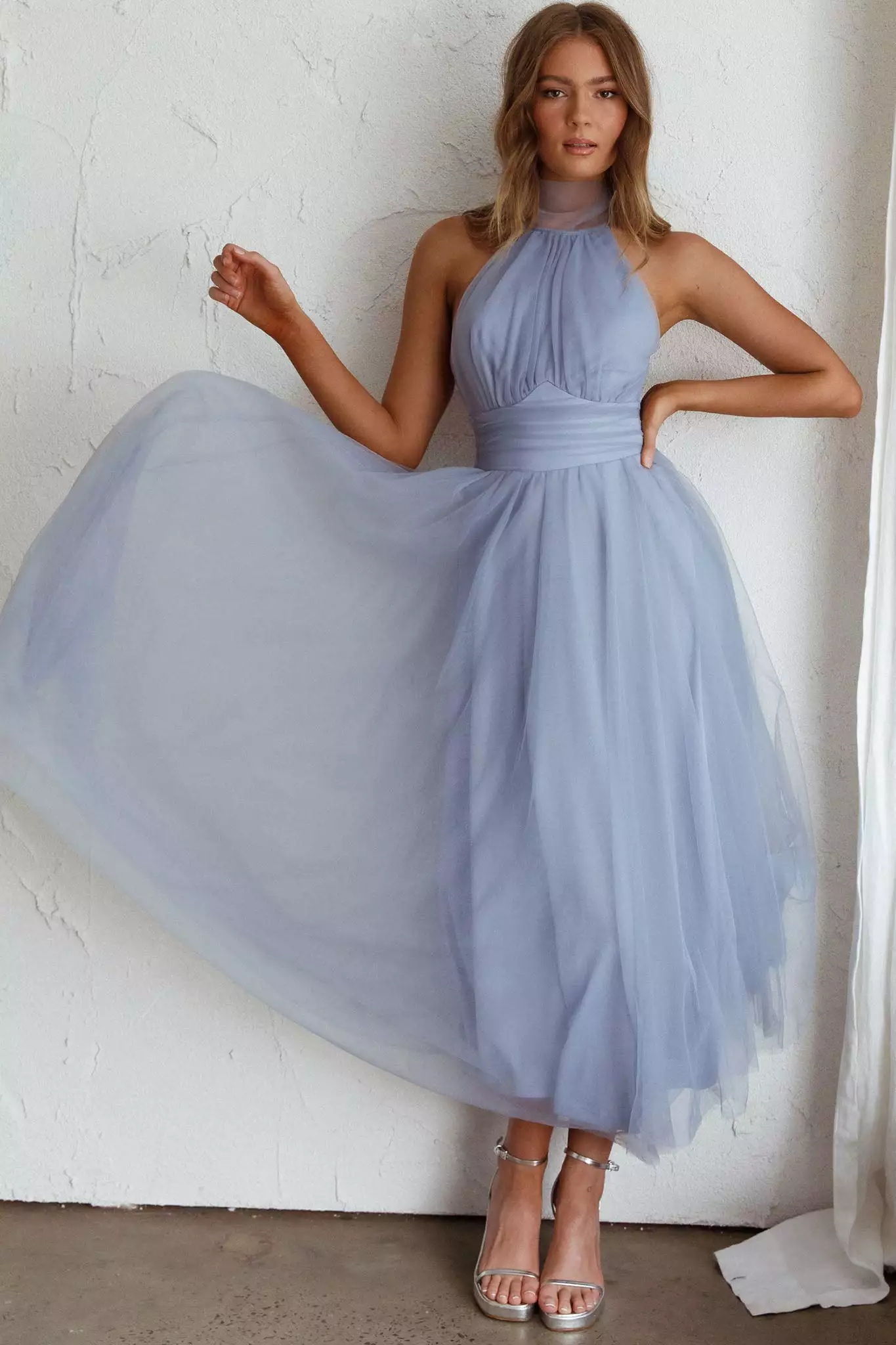 Here Comes The Sun Andria Halterneck Tulle Midi Dress Blue