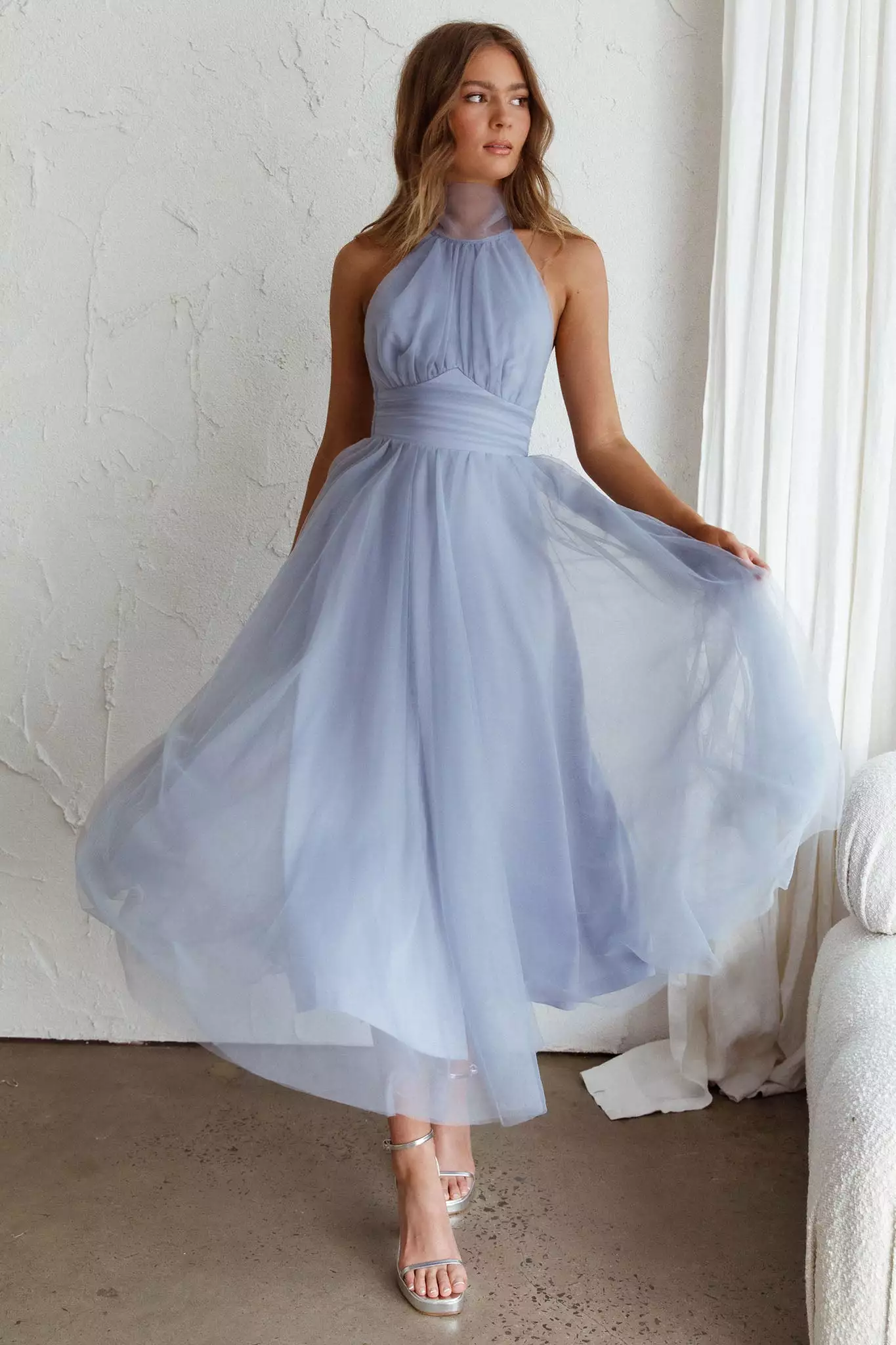 Here Comes The Sun Andria Halterneck Tulle Midi Dress Blue - Image 3