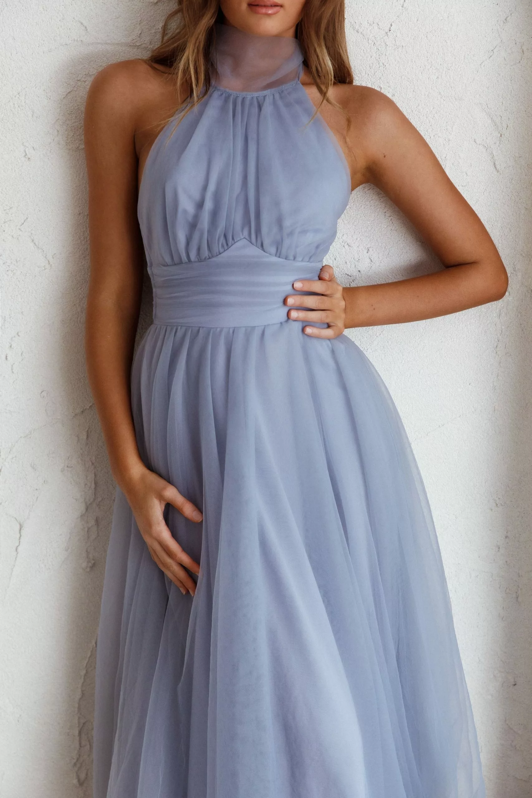Here Comes The Sun Andria Halterneck Tulle Midi Dress Blue - Image 4