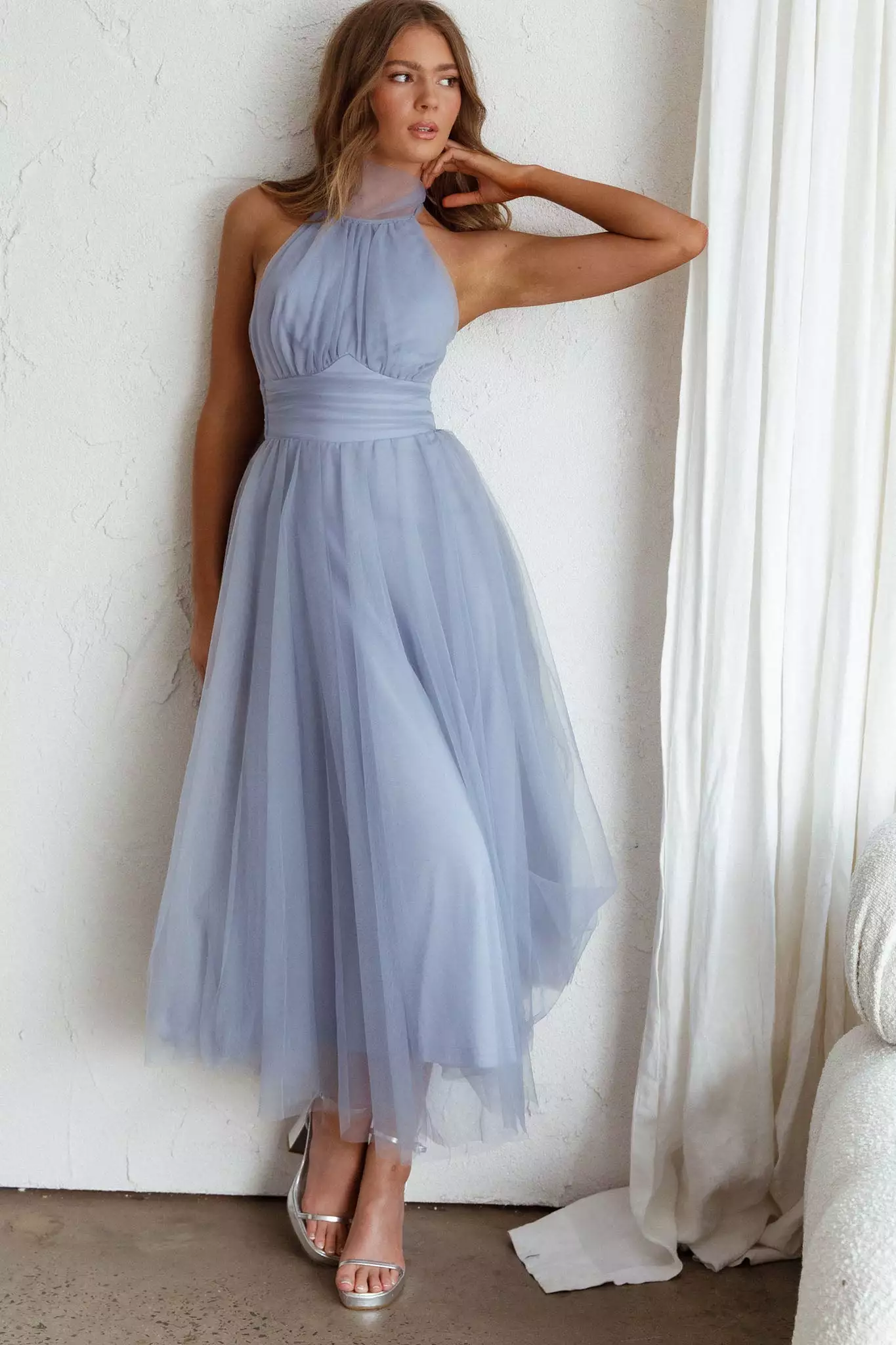 Here Comes The Sun Andria Halterneck Tulle Midi Dress Blue - Image 7