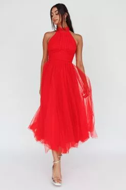 Here Comes The Sun Andria Halterneck Tulle Midi Dress Red