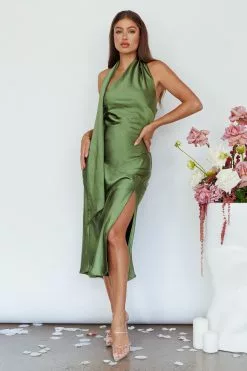 Saints + Secrets Italian Summer Tie Neck Midi Dress Olive