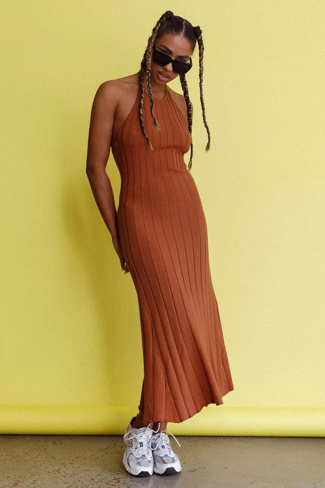 Here Comes The Sun Mikah Knit Halterneck Midi Dress Mocha