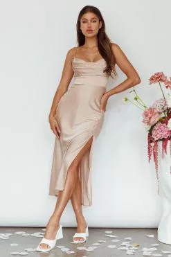 Here Comes The Sun Giorgette Side Split Midi Dress Champagne