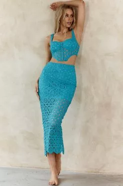 Indi Luxe Milano Crochet Lace Midi Skirt Green