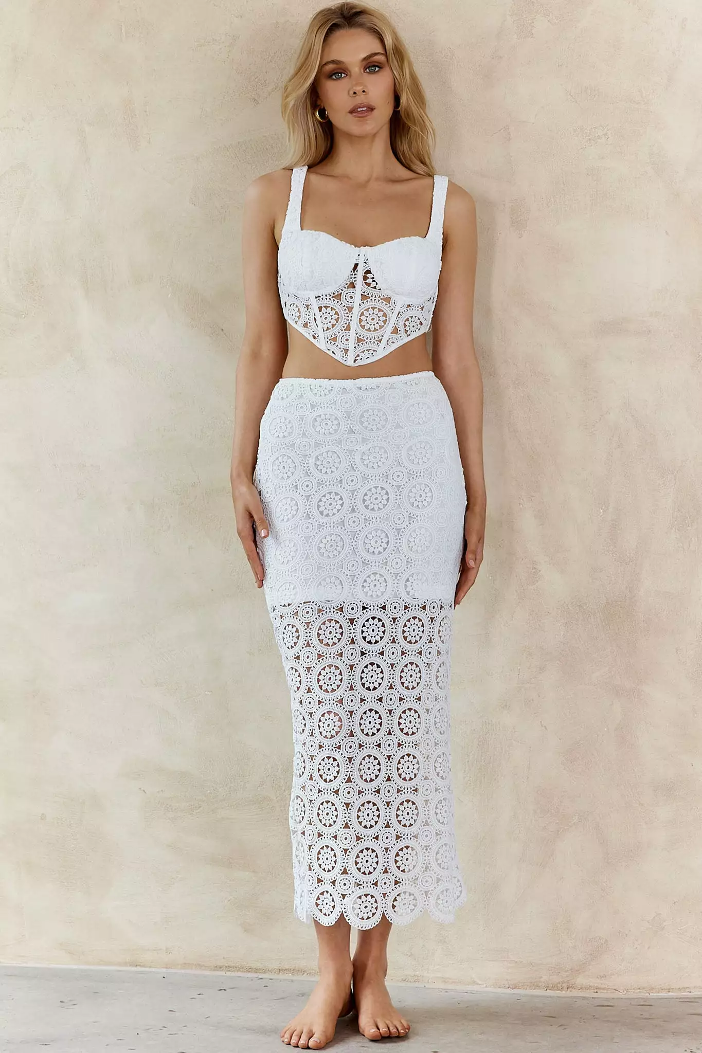 Indi Luxe Milano Crochet Lace Midi Skirt White - Image 3