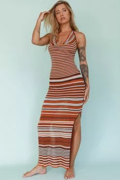INDIKAH Azure Shores Knit Midi Dress Striped Tan