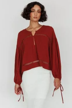 INDIKAH Waltz Long Sleeve Embroidery Trim Top Tobacco