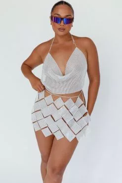 Selfie Leslie Vally Sequins Geometric Mini Skirt Silver
