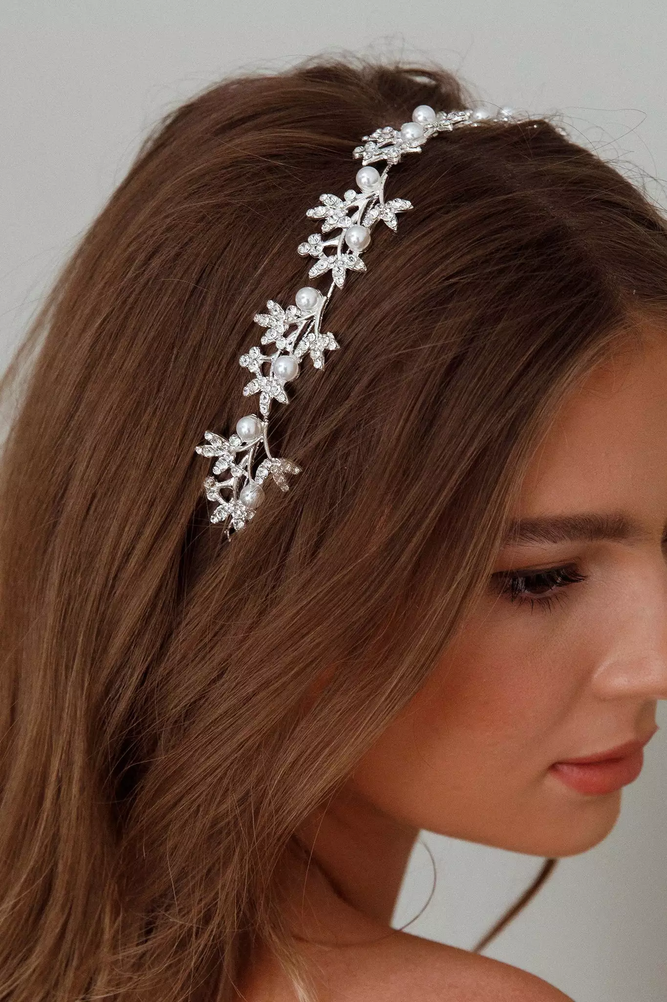 Selfie Leslie Leaves & Pearl Wire Headband Silver
