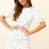 Selfie Leslie Indiana Puff Sleeve Lace-Up Back Dress Spot Print White