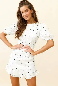 Selfie Leslie Indiana Puff Sleeve Lace-Up Back Dress Spot Print White
