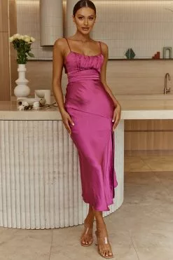 Selfie Leslie Abby Cami Strap Gathered Bust Front Split Midi Dress Plum