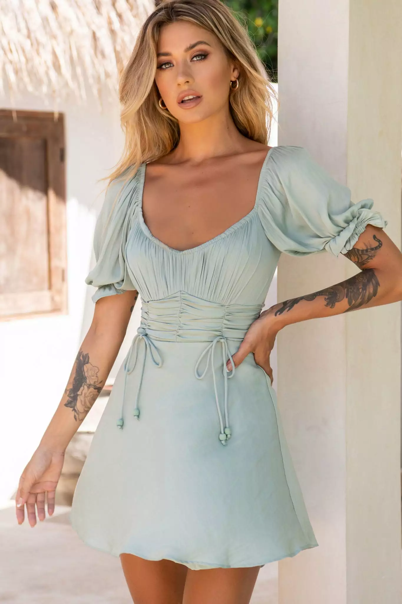 Selfie Leslie Bright Side Off-Shoulder Puff Sleeve Dress Pistachio