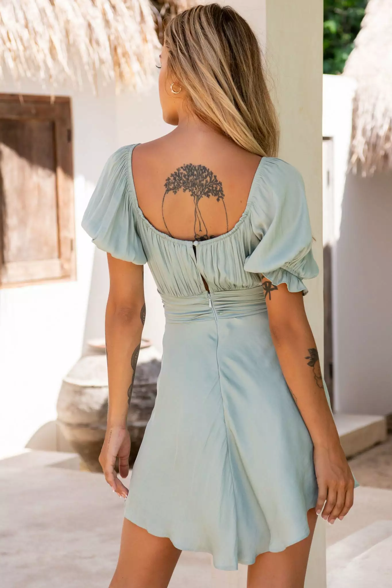 Selfie Leslie Bright Side Off-Shoulder Puff Sleeve Dress Pistachio - Image 3