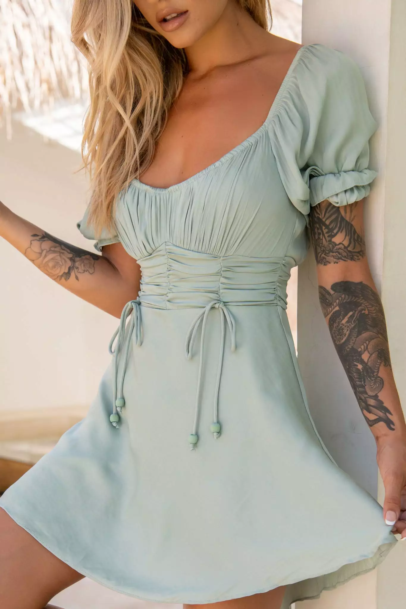 Selfie Leslie Bright Side Off-Shoulder Puff Sleeve Dress Pistachio - Image 4