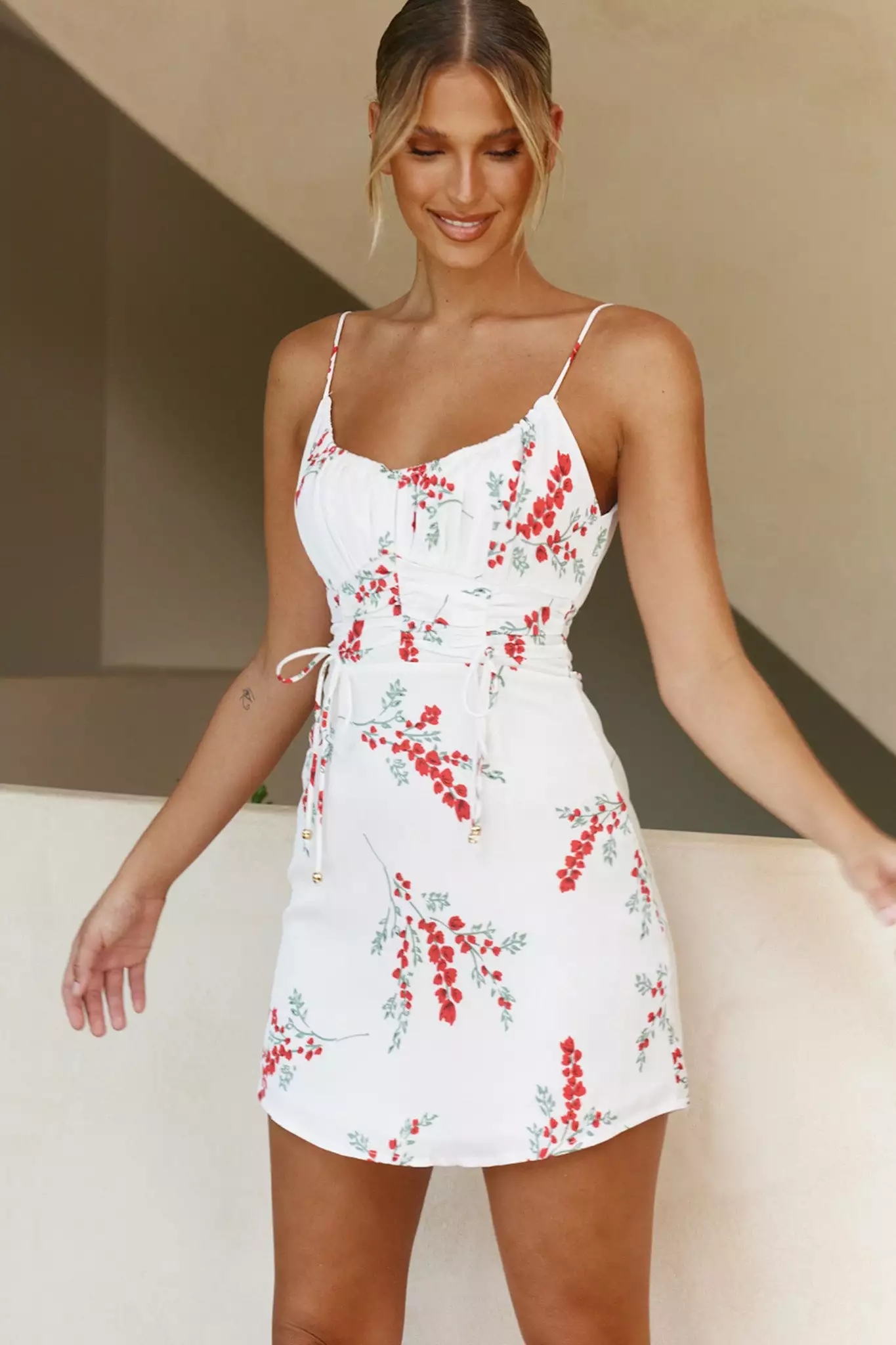 Selfie Leslie Bright Side Spaghetti Strap Ruched Detail Dress Floral Print White