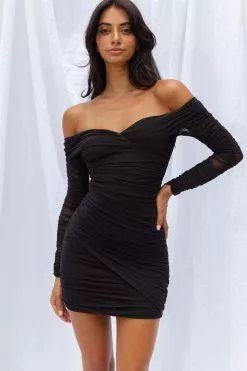 Selfie Leslie Moonrise Off-Shoulder Crossover Neckline Long Sleeve Ruched Dress Black