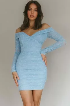 Selfie Leslie Moonrise Off-Shoulder Long Sleeve Dress Lace Blue