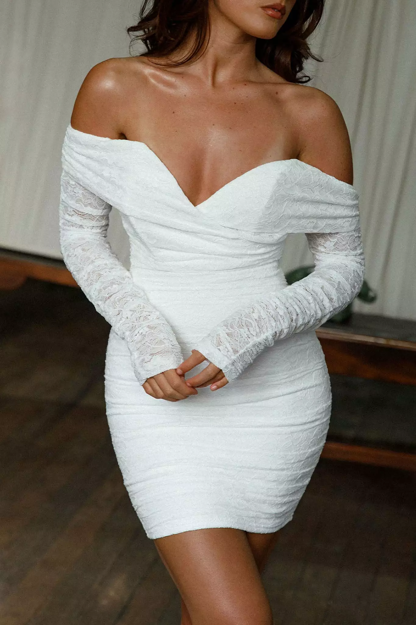 Selfie Leslie Moonrise Off-Shoulder Long Sleeve Dress Lace White - Image 2