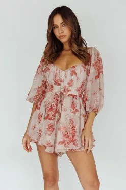 Saints + Secrets First Light Puff Sleeve Elasticated Waist Romper Floral Print Rose