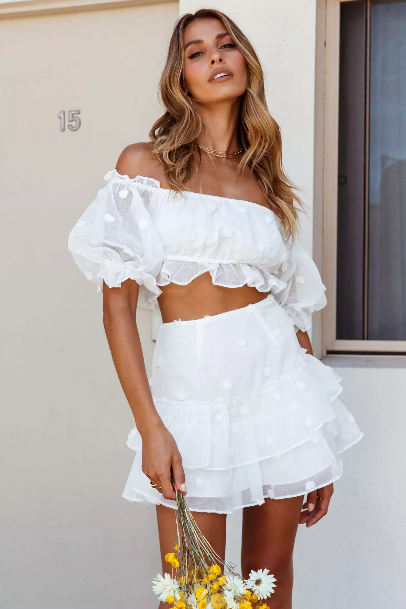 Selfie Leslie Krista Layered Ruffle Pompom Skirt White - Image 7