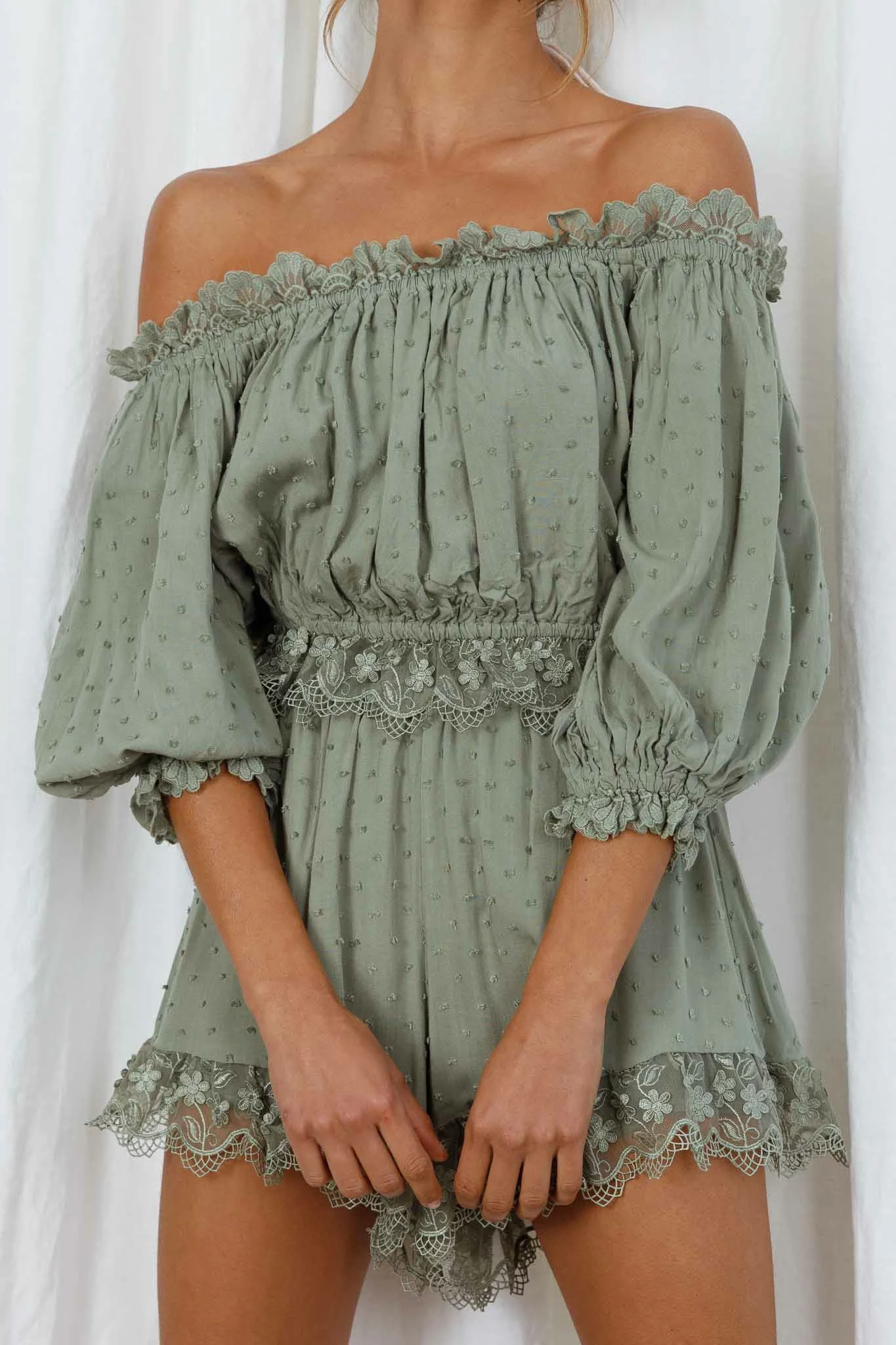 Romilly Scalloped Lace Trim Off-Shoulder Top Olive - Image 4