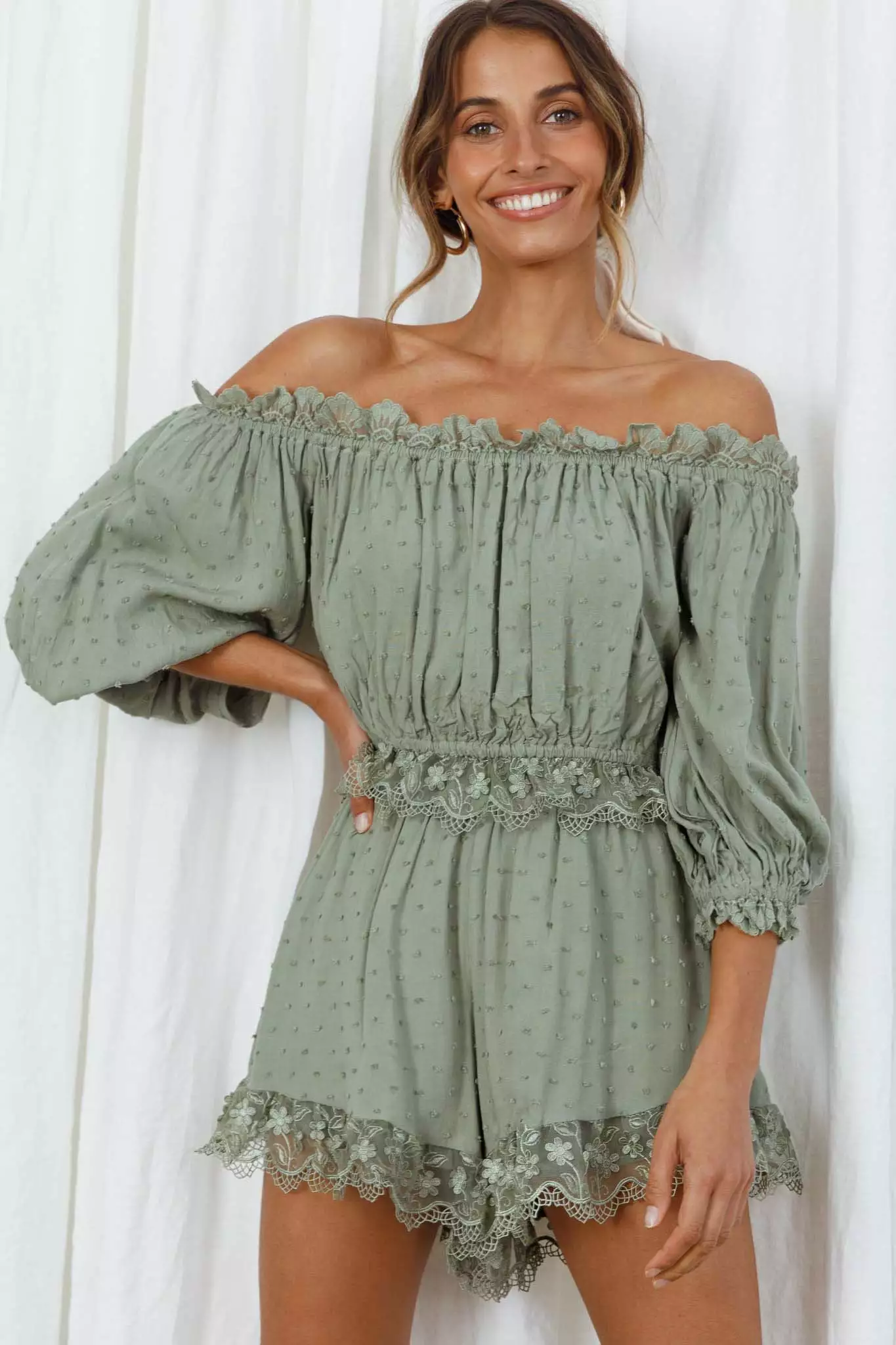 Romilly Scalloped Lace Trim Off-Shoulder Top Olive - Image 7