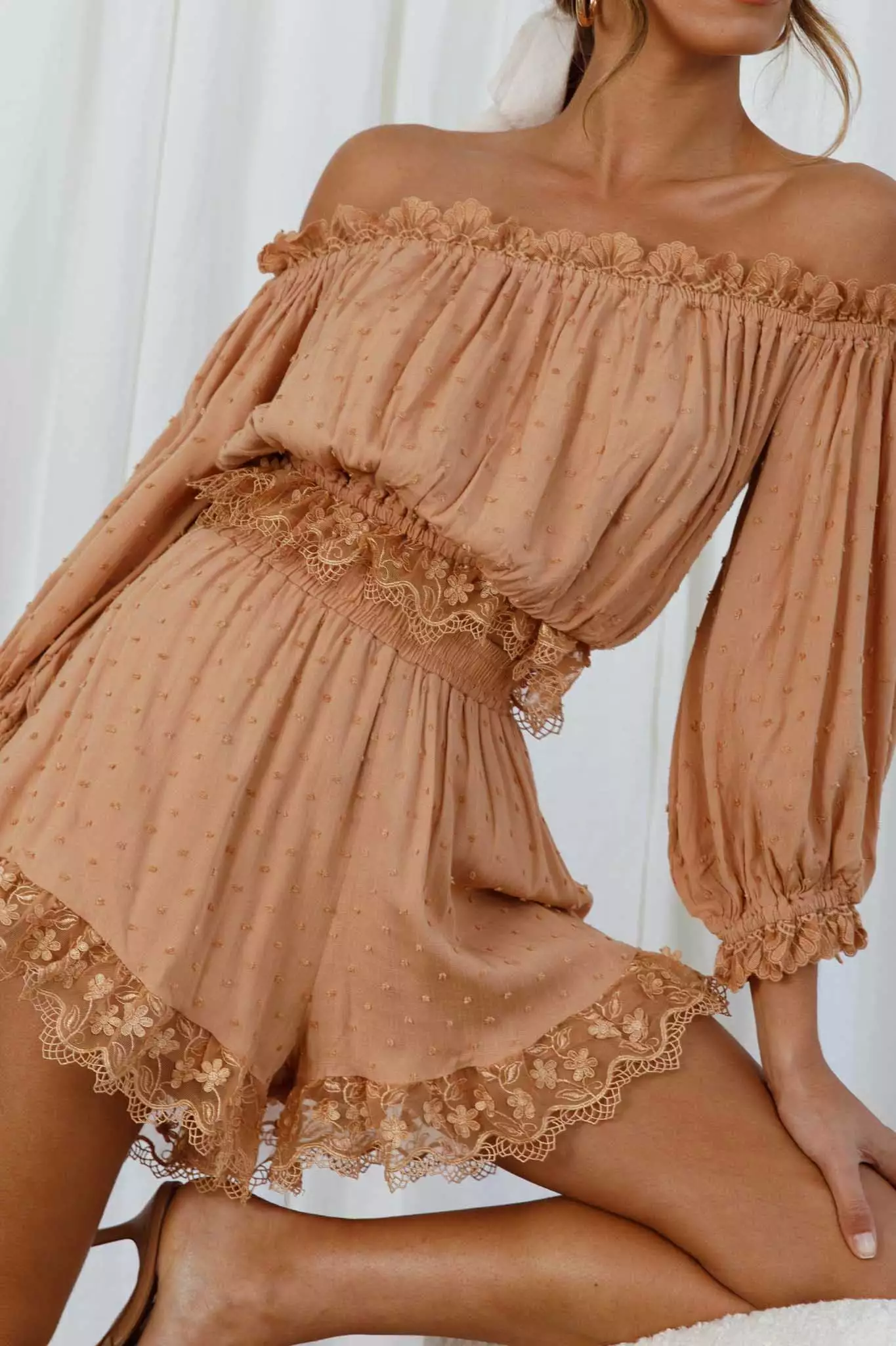 Romilly Scalloped Lace Trim Off-Shoulder Top Tan - Image 4