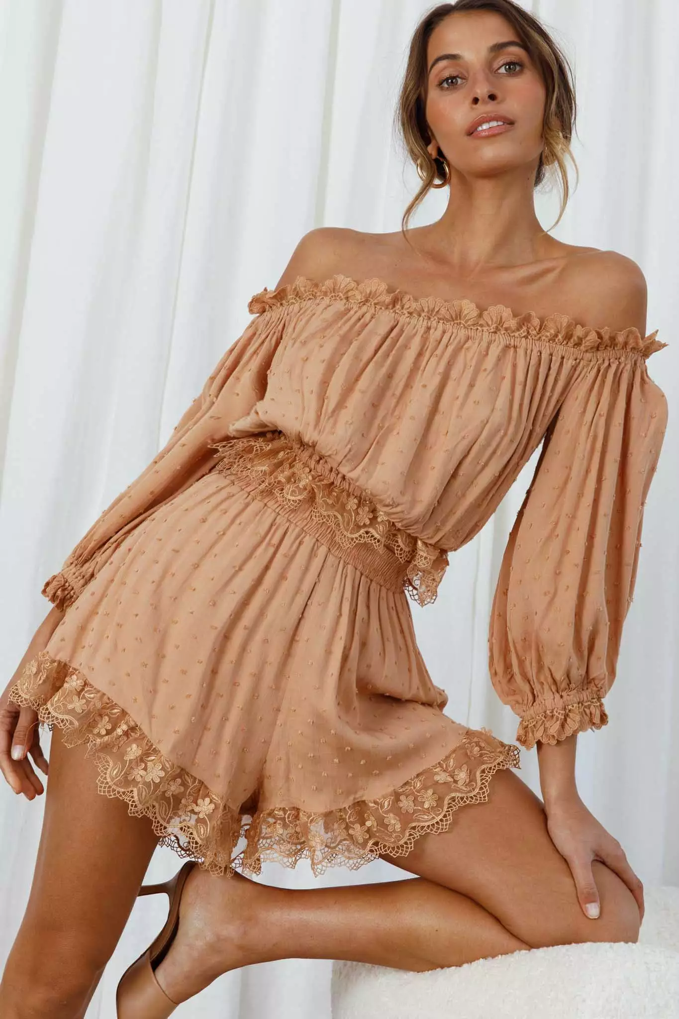 Romilly Scalloped Lace Trim Off-Shoulder Top Tan - Image 6