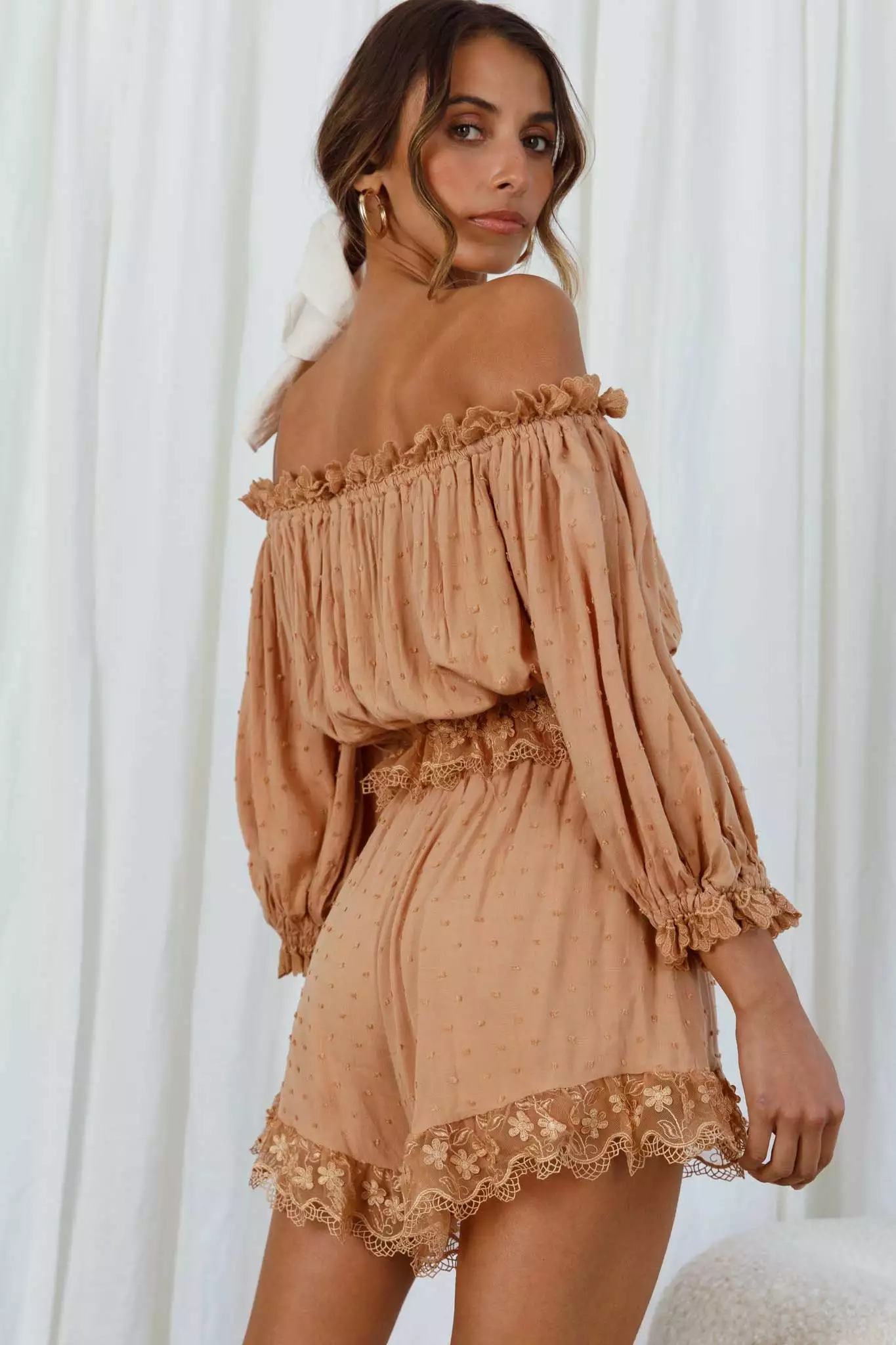 Romilly Scalloped Lace Trim Off-Shoulder Top Tan - Image 8