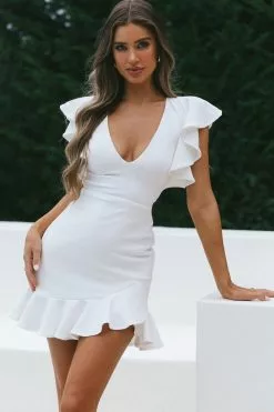Selfie Leslie Cupid's Bow V-Neckline Ruffle Shoulder Bodycon Dress White