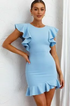 Selfie Leslie Cupid's Bow Ruffle Shoulder Bodycon Dress Baby Blue