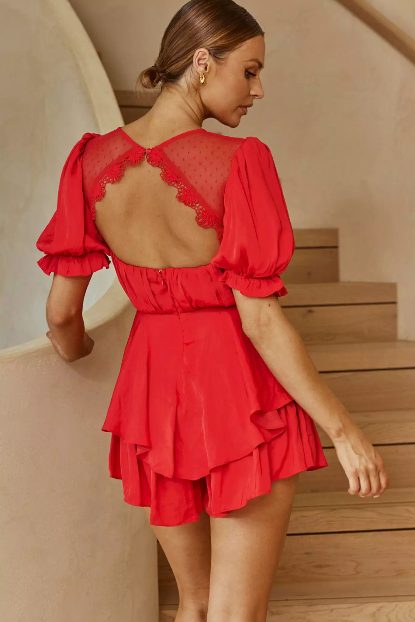 Selfie Leslie L'amour Lace Mesh Bust Puff Sleeve Romper Red - Image 2