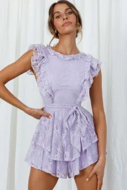 Selfie Leslie Spring Fling Frill Trim Waist Tie Lace Romper Lilac