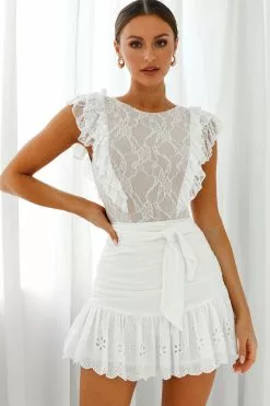 Selfie Leslie Spring Fling Frill Trim Lace Bodysuit White