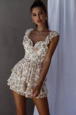 Selfie Leslie Revel Ruffle Trim Tied Back Romper Floral Yellow