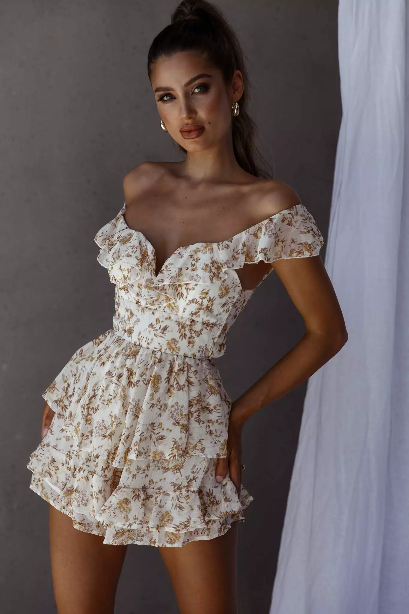 Selfie Leslie Revel Ruffle Trim Tied Back Romper Floral Yellow - Image 4