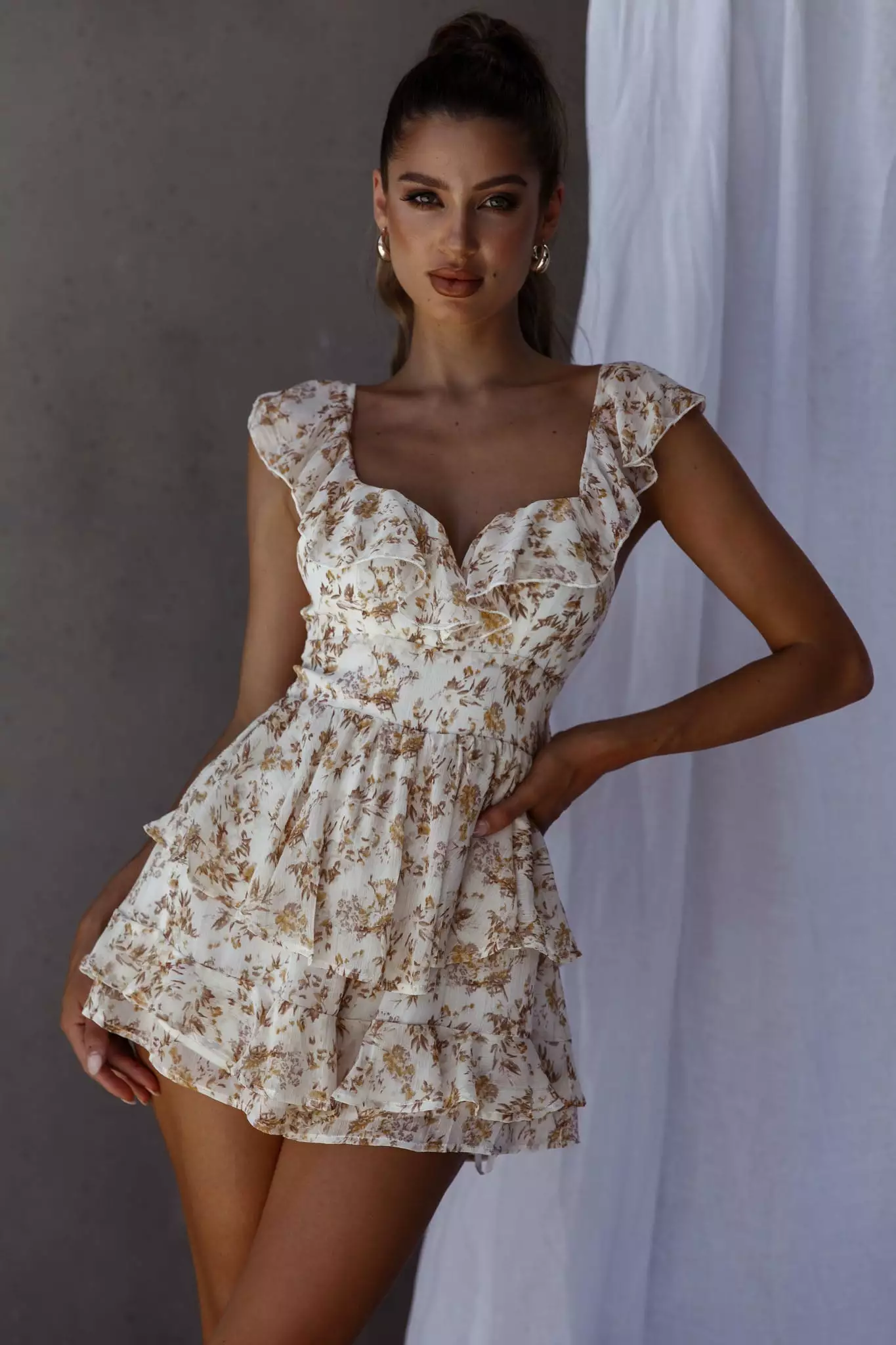 Selfie Leslie Revel Ruffle Trim Tied Back Romper Floral Yellow - Image 6