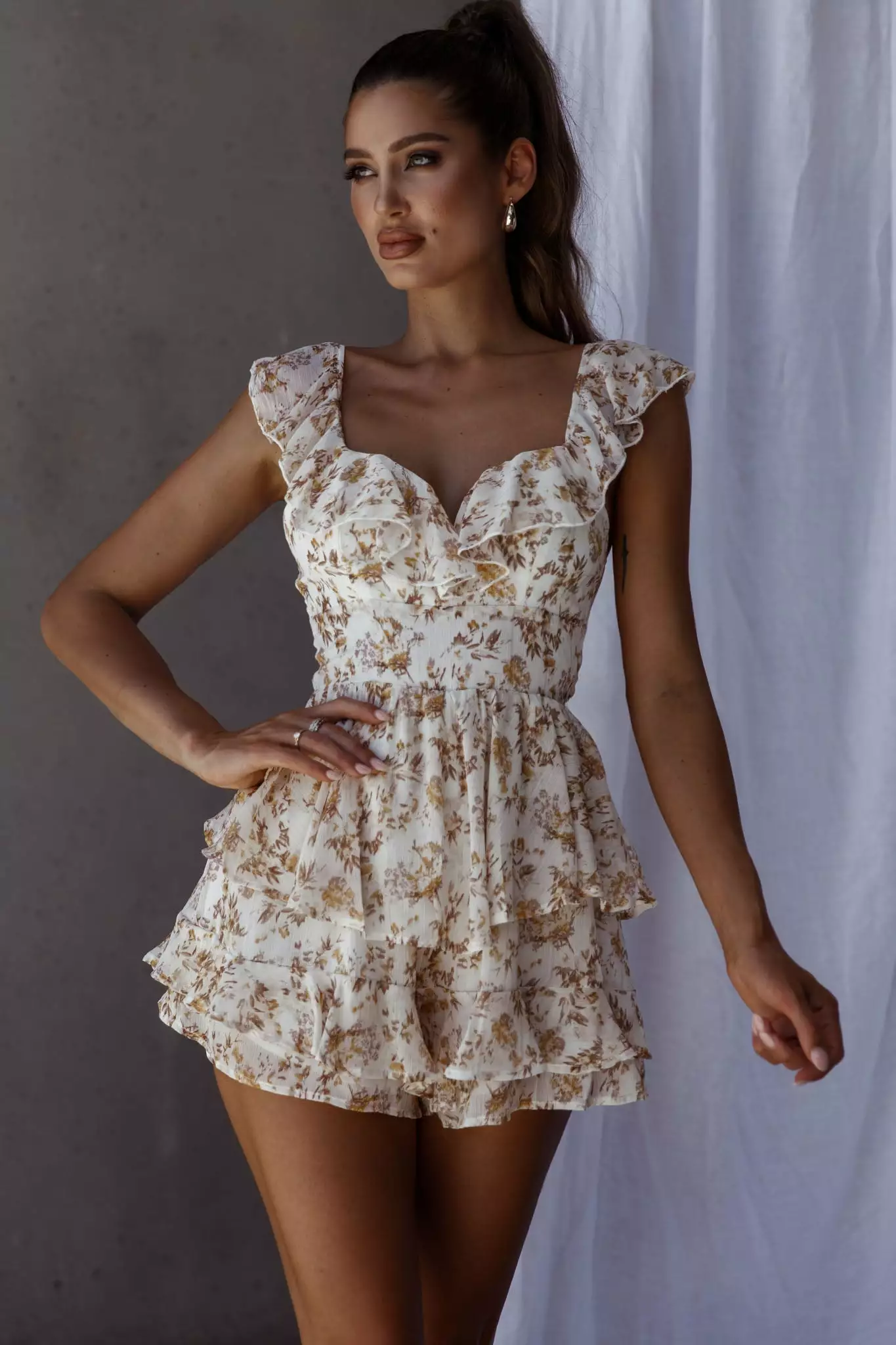 Selfie Leslie Revel Ruffle Trim Tied Back Romper Floral Yellow - Image 7