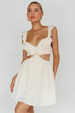 Saints + Secrets Revel Ruffle Trim Cut-Out Waist Dress Ivory
