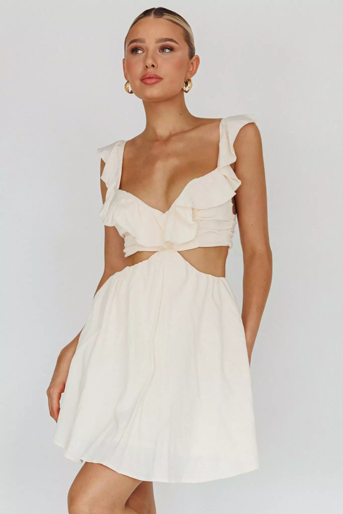Saints + Secrets Revel Ruffle Trim Cut-Out Waist Dress Ivory
