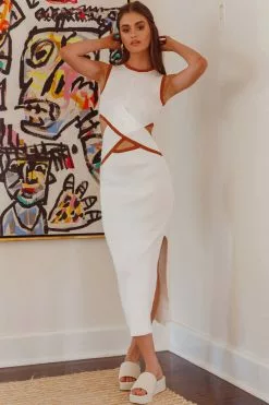 Here Comes The Sun Olivea Cut-Out Waist Knit Midi Dress White