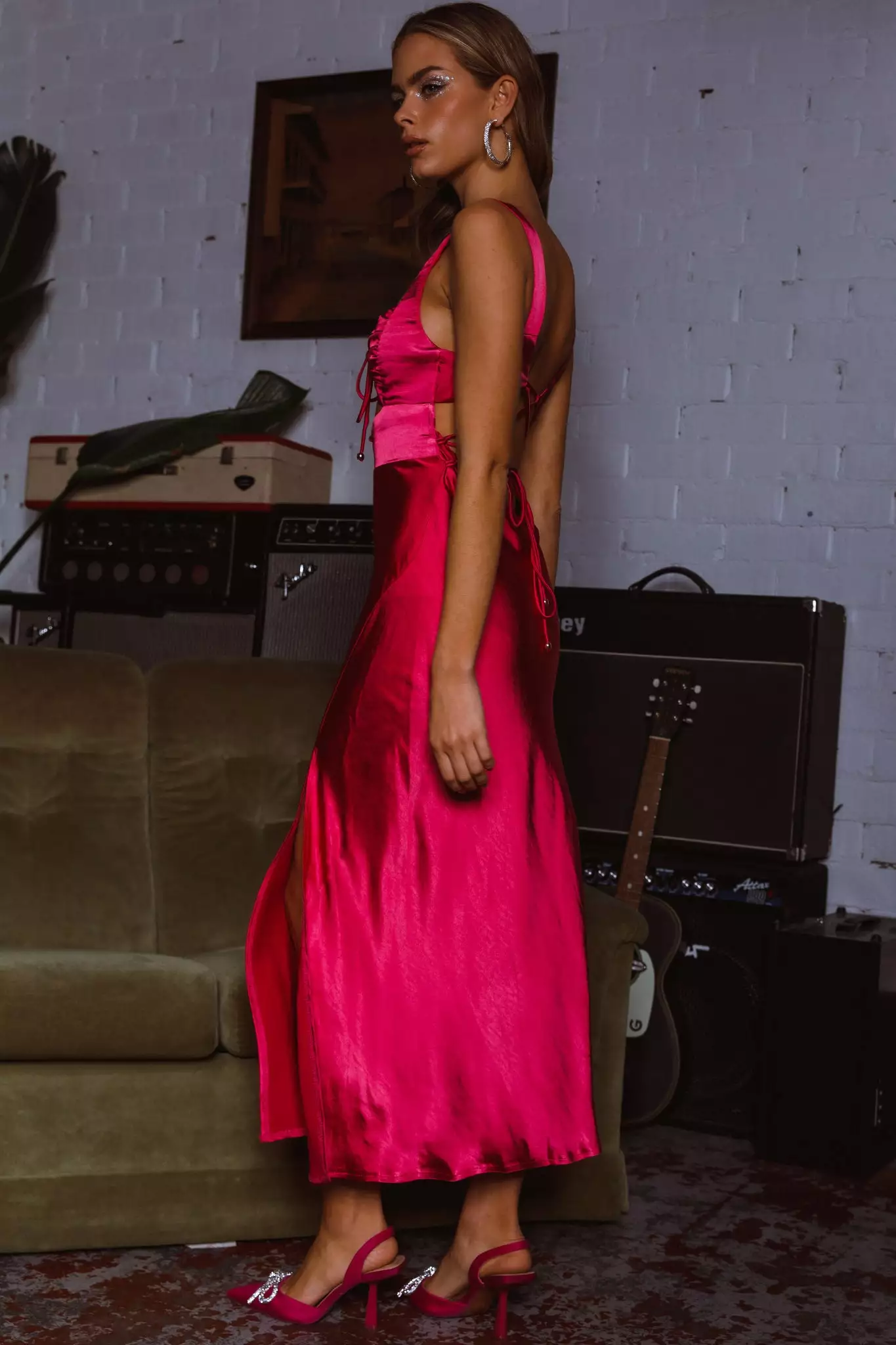 Selfie Leslie Belle Epoque Drawstring Bust Midi Dress Hot Pink - Image 6