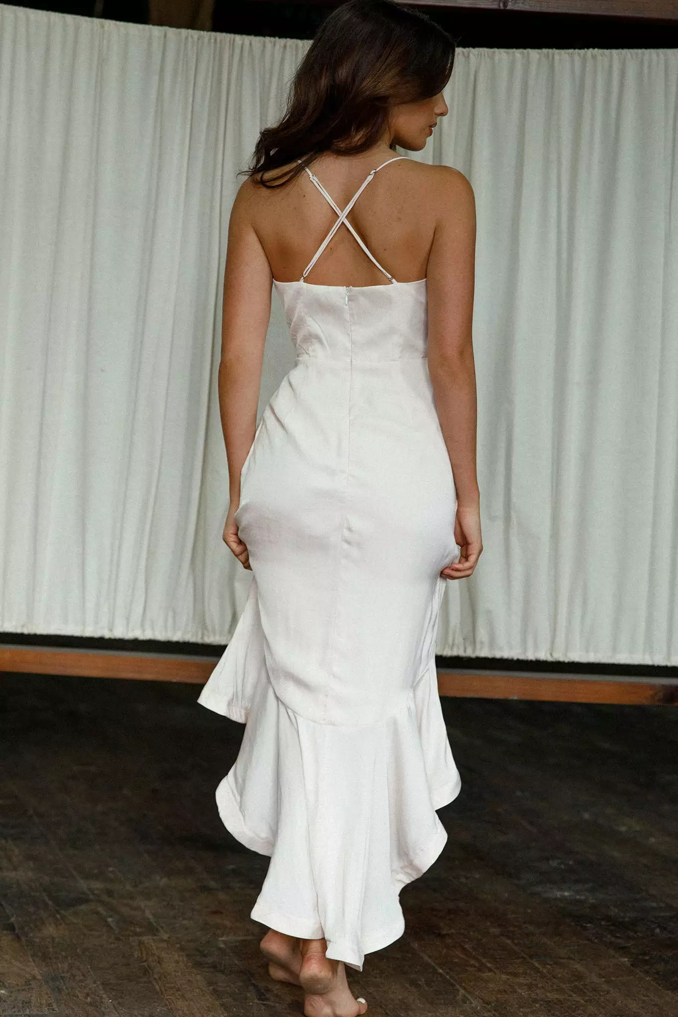 Selfie Leslie Dream Of Me Split Front Ruffle Midi Dress Bone - Image 2