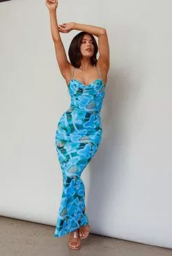 Angel Biba Teava Laced Waist Midi Dress Abstract Blue Crush