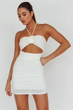 Selfie Leslie Ca Va Ruched Rose Accent Mini Dress Off White