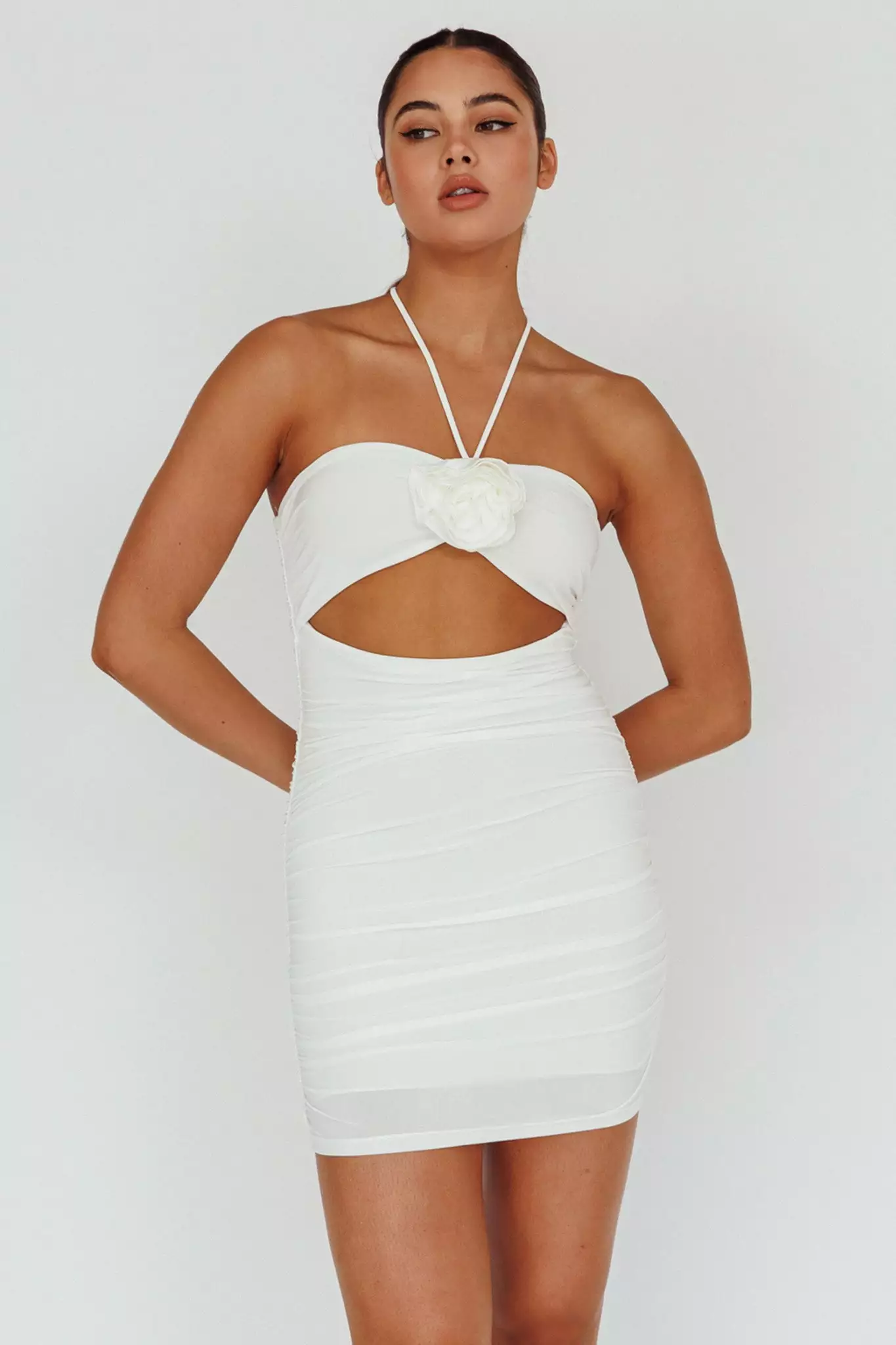 Selfie Leslie Ca Va Ruched Rose Accent Mini Dress Off White - Image 5