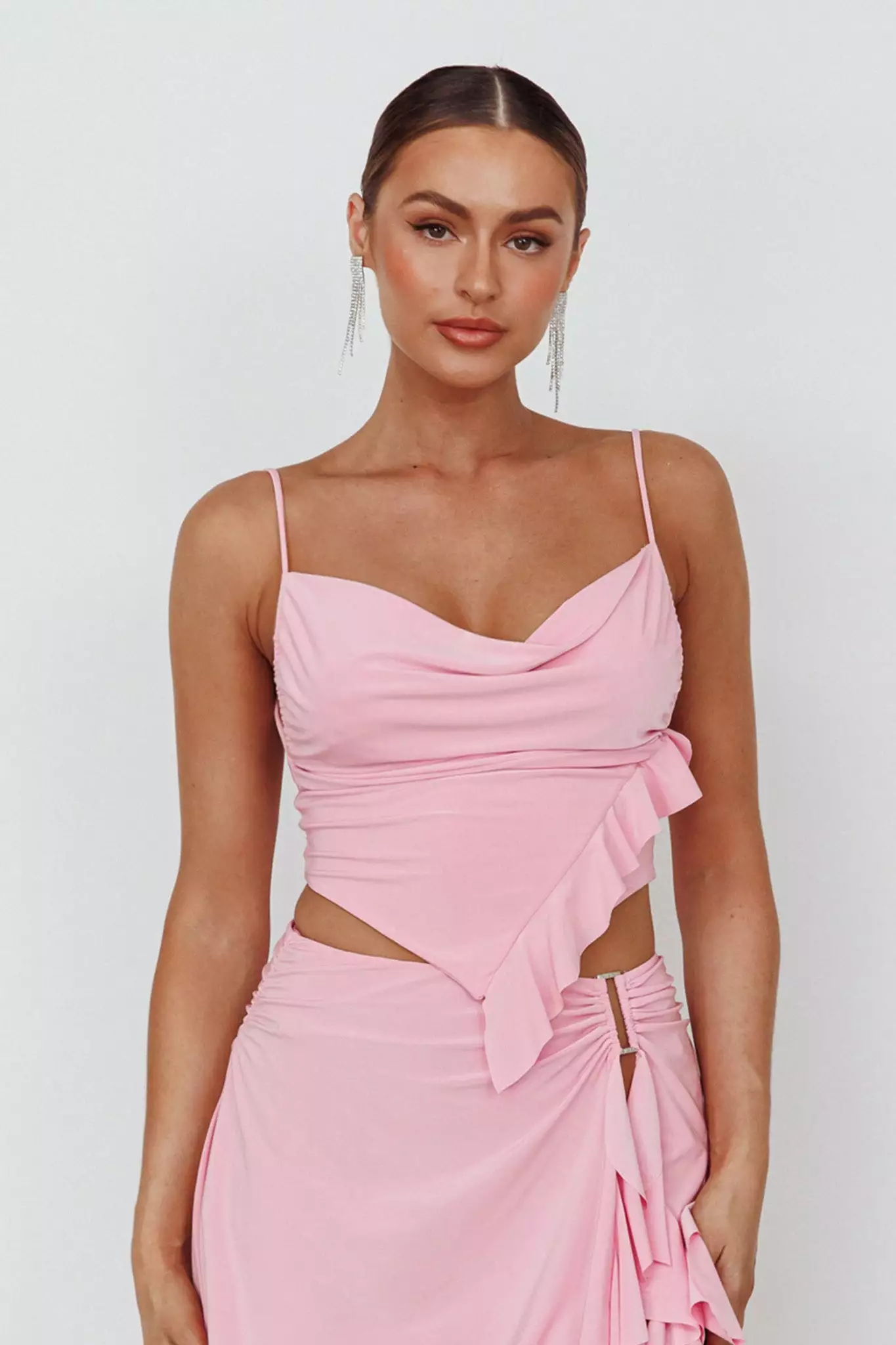 Selfie Leslie Such A Tease Cowl Neck Crop Top Pink