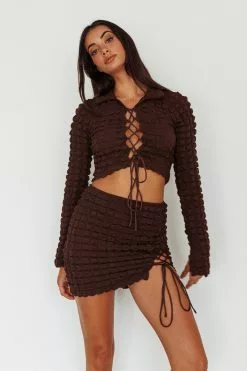 Selfie Leslie Josseline Lace-Up Detail Mini Skirt Chocolate